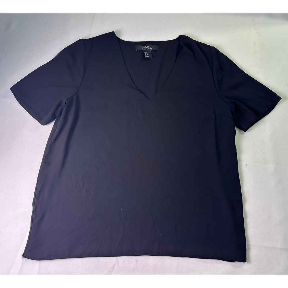 Forever 21 Contemporary‎ Black V-Neck Blouse Short Sleeve Top Minimalist Solid S